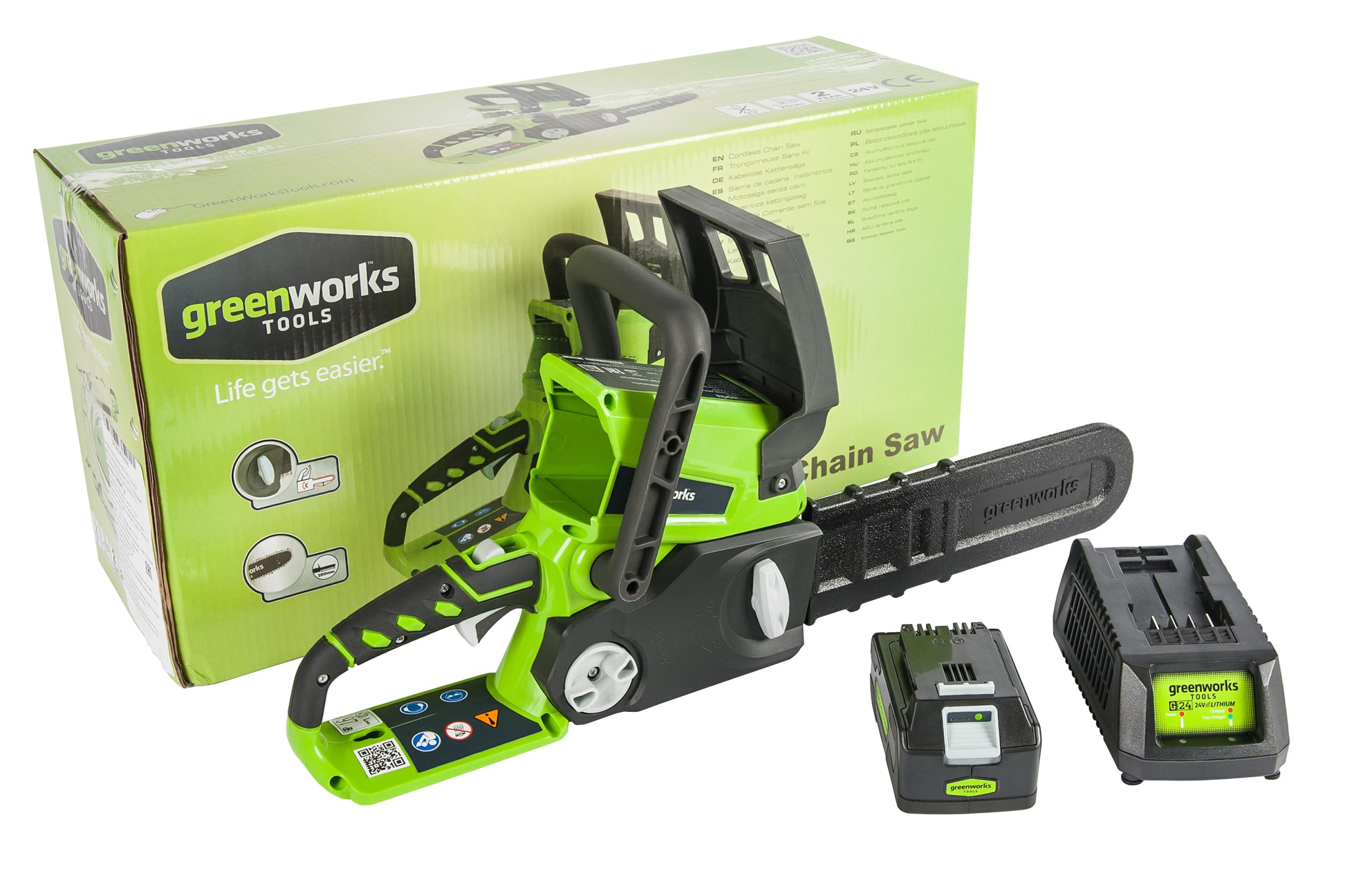 Цепная пила аккумуляторная GreenWorks G24CS25K2, 24V, 25см, c 1хАКБ 2 А.ч и ЗУ — изображение 3
