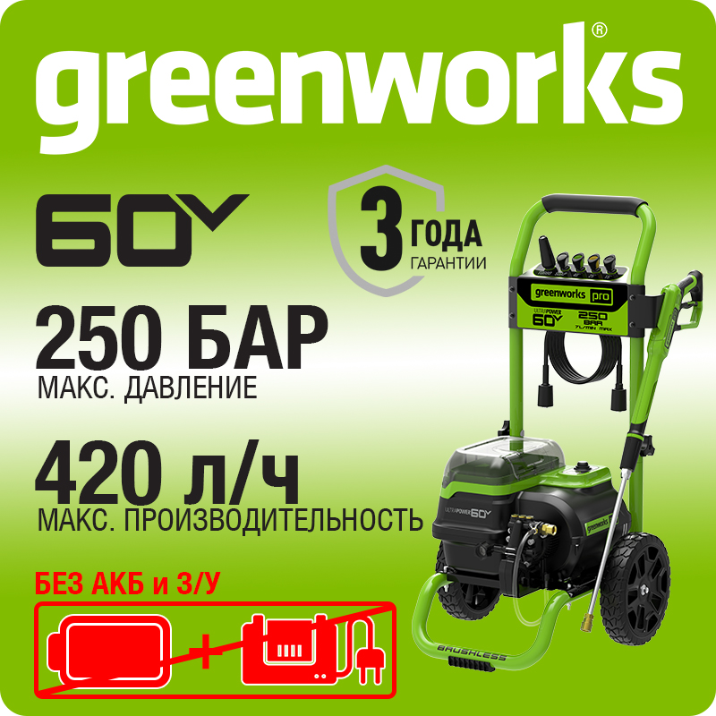 Мойка высокого давления аккумуляторная Арт. 5106207, 60V, 250 бар, бесщеточная, с портом на 2 АКБ